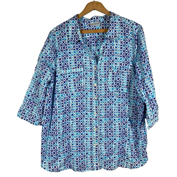 Catherines Top Size 1X Button Up Blue & White Print Coastal Beachy Blouse Mature - Picture 1 of 14